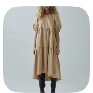 Zara all cotton sateen beige-tiered  poplin midi dress with two pickets high low